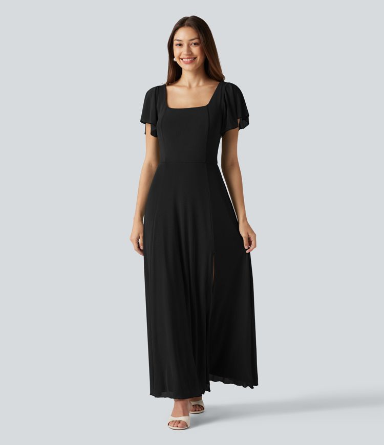 Square Neck Short Sleeve Built-in Bra Tie Back Flowy Maxi Dress