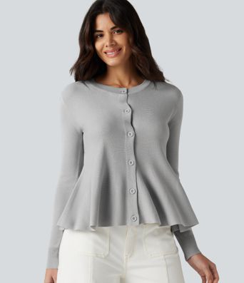 Round Neck Long Sleeve Ruffle Hem Work Cardigan