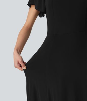 Square Neck Short Sleeve Built-in Bra Tie Back Flowy Maxi Dress