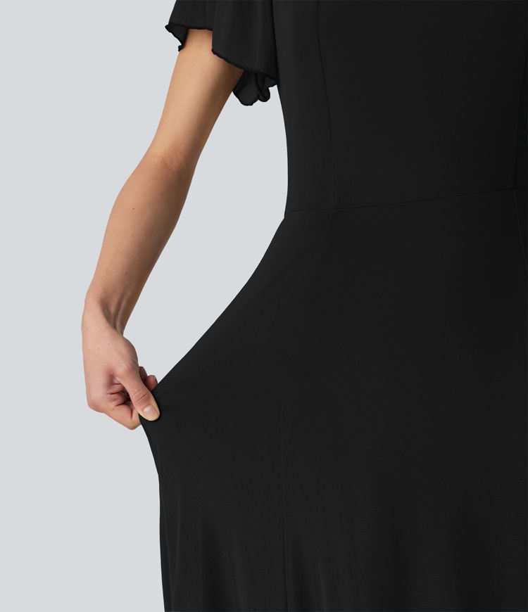 Square Neck Short Sleeve Built-in Bra Tie Back Flowy Maxi Dress