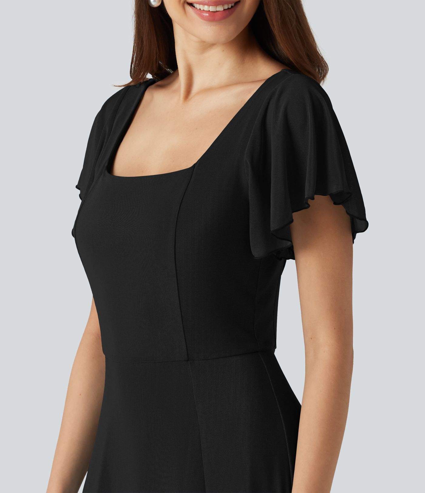 Square Neck Short Sleeve Built-in Bra Tie Back Flowy Maxi Dress