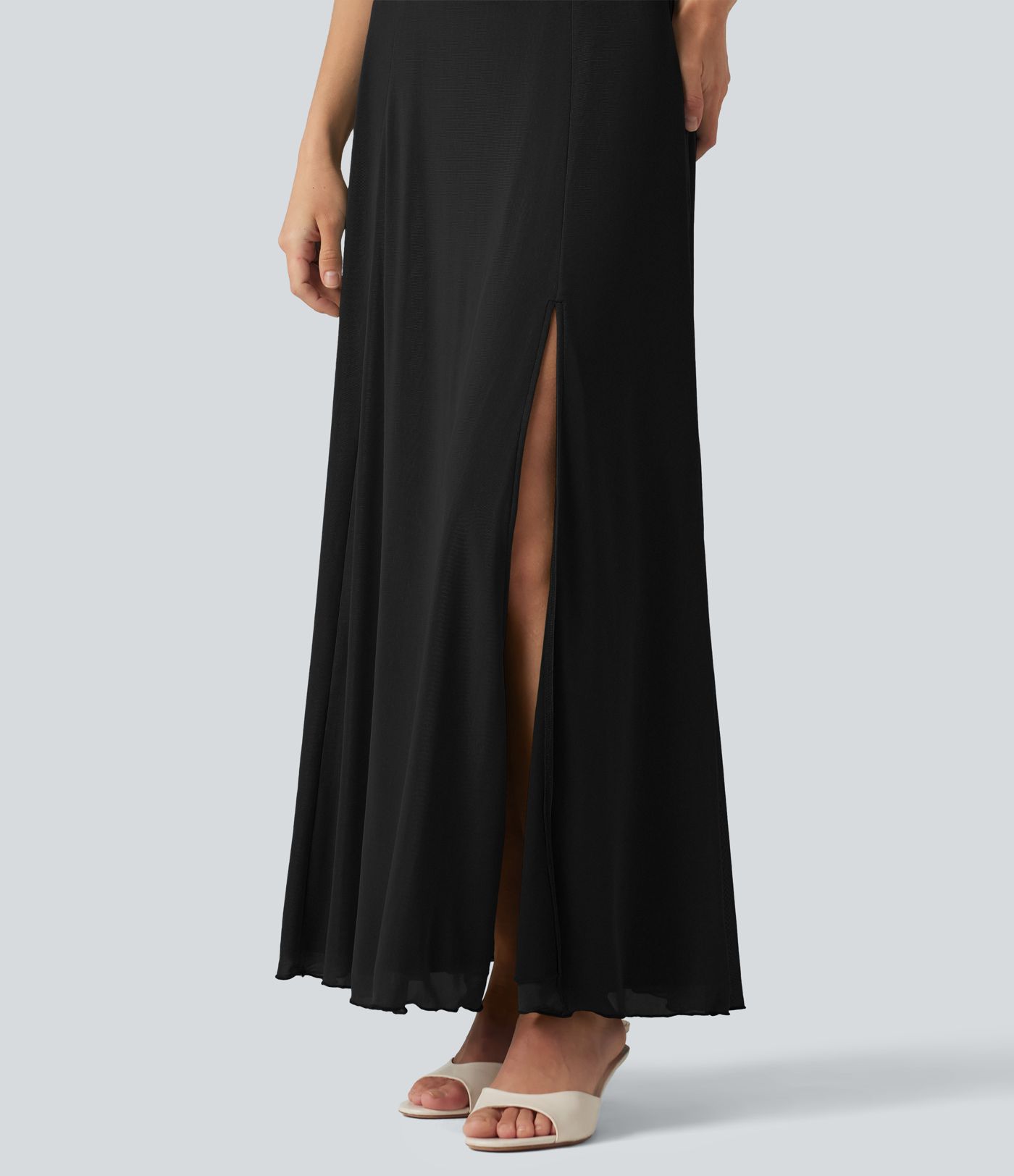 Square Neck Short Sleeve Built-in Bra Tie Back Flowy Maxi Dress