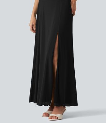 Square Neck Short Sleeve Built-in Bra Tie Back Flowy Maxi Dress