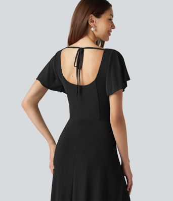 Square Neck Short Sleeve Built-in Bra Tie Back Flowy Maxi Dress