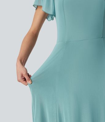 Square Neck Short Sleeve Built-in Bra Tie Back Flowy Maxi Dress