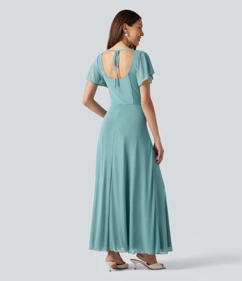 Square Neck Short Sleeve Built-in Bra Tie Back Flowy Maxi Dress