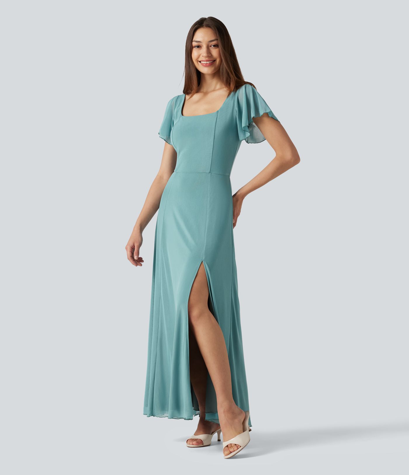 Square Neck Short Sleeve Built-in Bra Tie Back Flowy Maxi Dress