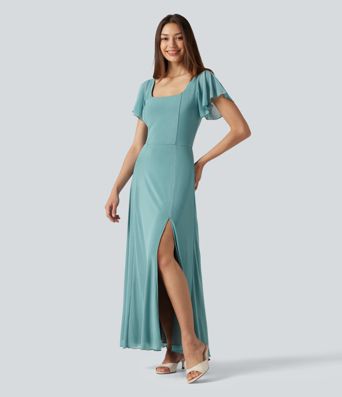 Square Neck Short Sleeve Built-in Bra Tie Back Flowy Maxi Dress