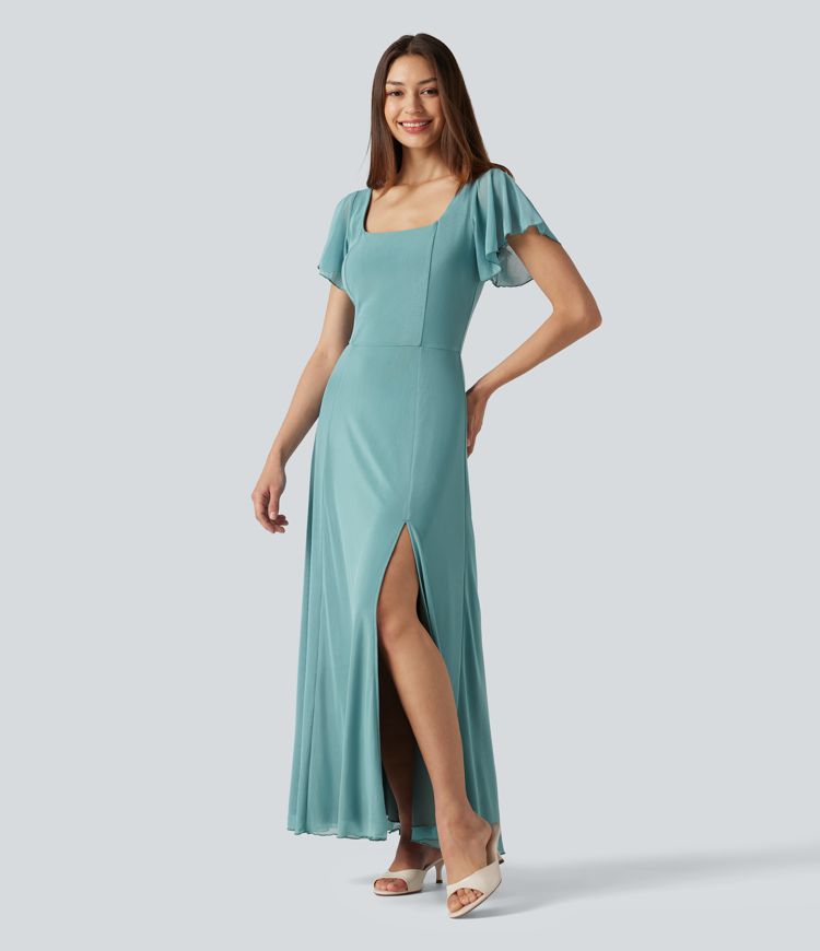 Square Neck Short Sleeve Built-in Bra Tie Back Flowy Maxi Dress