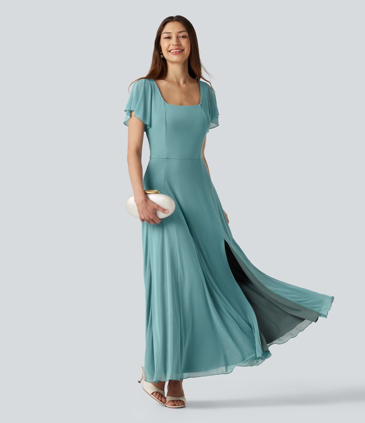 Square Neck Short Sleeve Built-in Bra Tie Back Flowy Maxi Dress