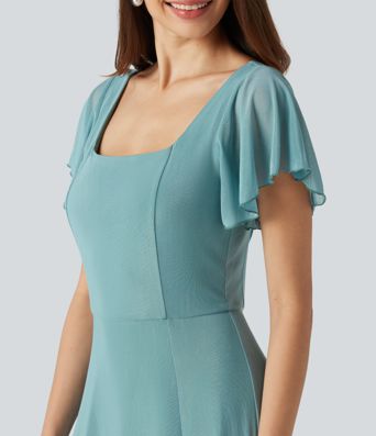 Square Neck Short Sleeve Built-in Bra Tie Back Flowy Maxi Dress