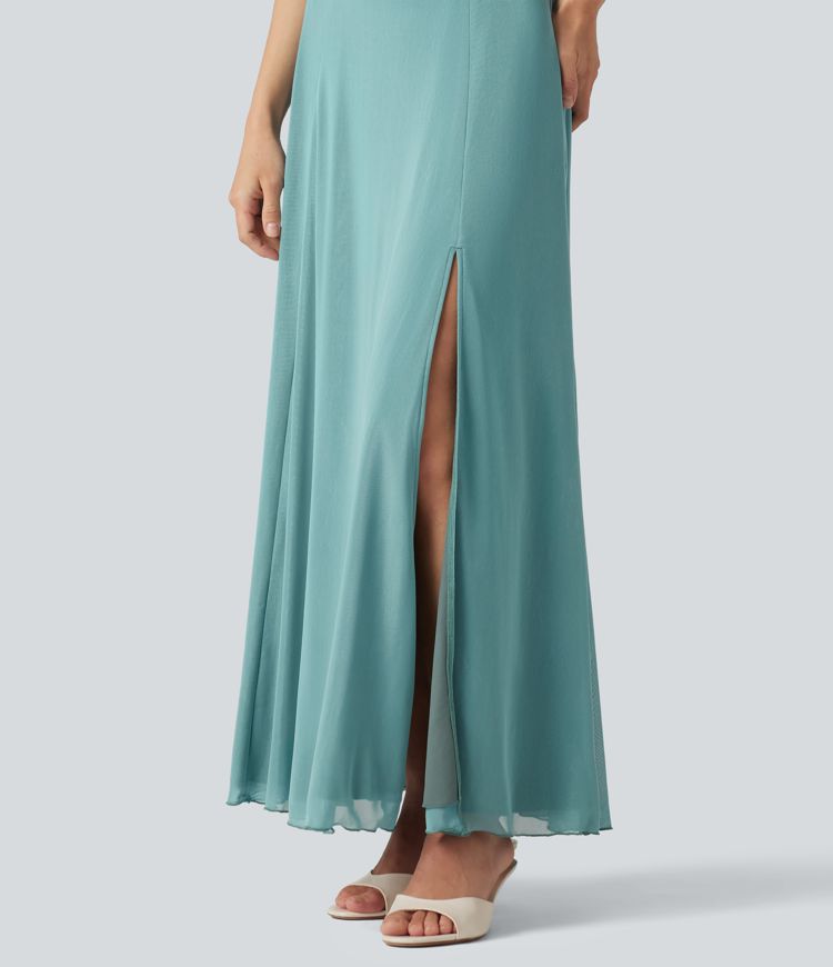 Square Neck Short Sleeve Built-in Bra Tie Back Flowy Maxi Dress
