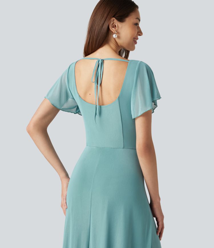 Square Neck Short Sleeve Built-in Bra Tie Back Flowy Maxi Dress