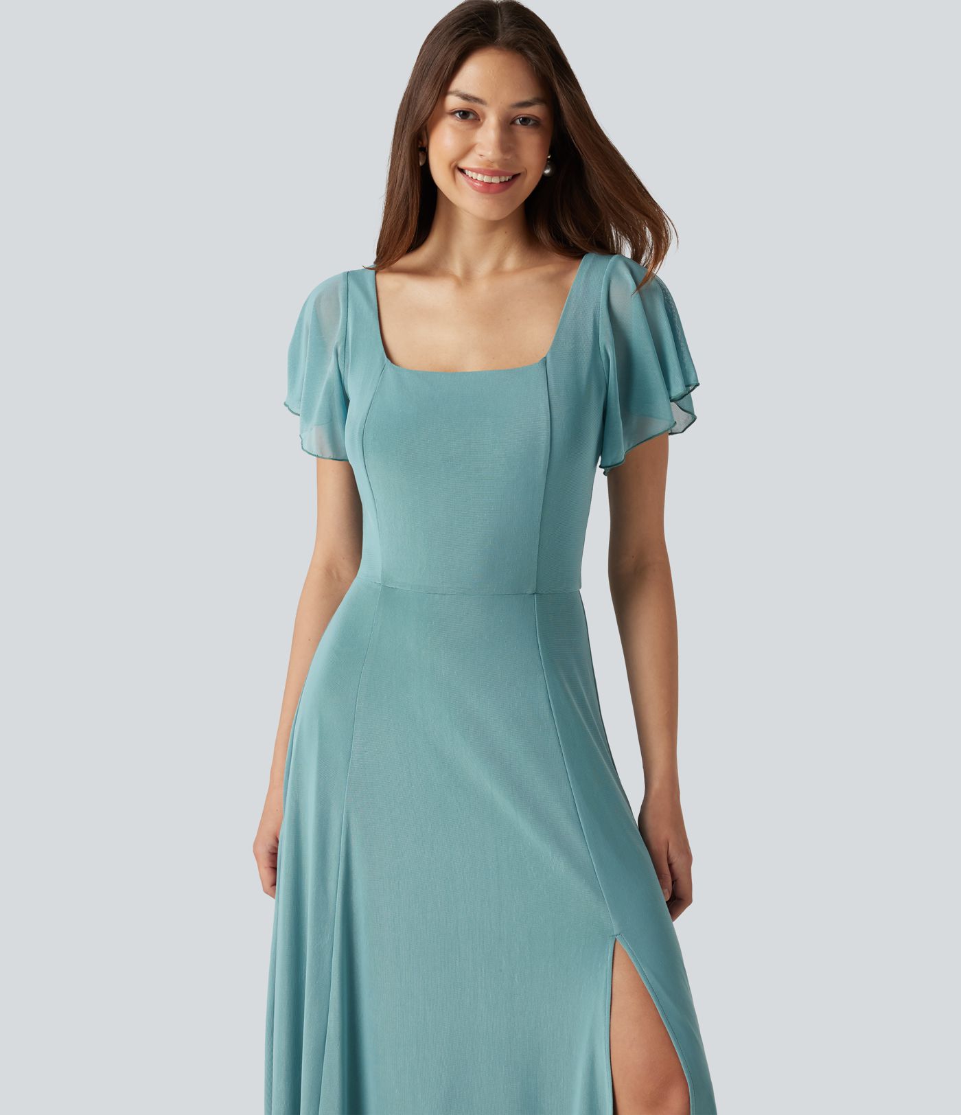 Square Neck Short Sleeve Built-in Bra Tie Back Flowy Maxi Dress