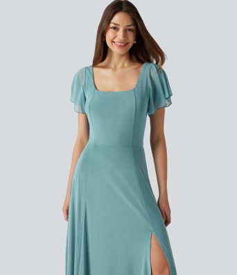 Square Neck Short Sleeve Built-in Bra Tie Back Flowy Maxi Dress