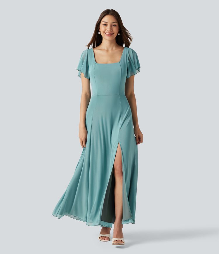 Women's Square Neck Short Sleeve Built-in Bra Tie Back Flowy Maxi Dress -  Halara