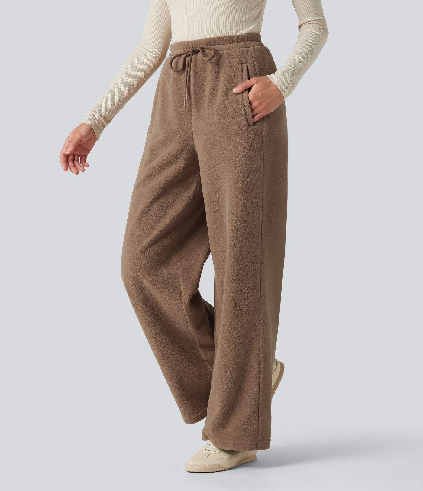 High Waisted Drawstring Casual Fleece Baggy Pants with Pockets