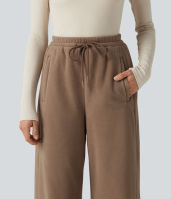 High Waisted Drawstring Casual Fleece Baggy Pants with Pockets