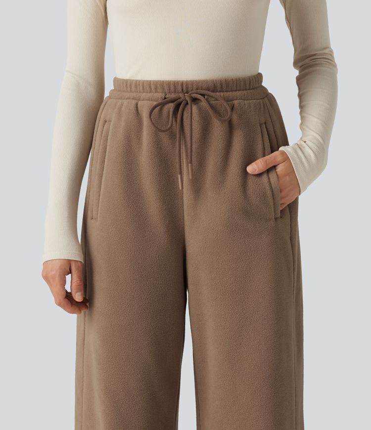 High Waisted Drawstring Casual Fleece Baggy Pants with Pockets