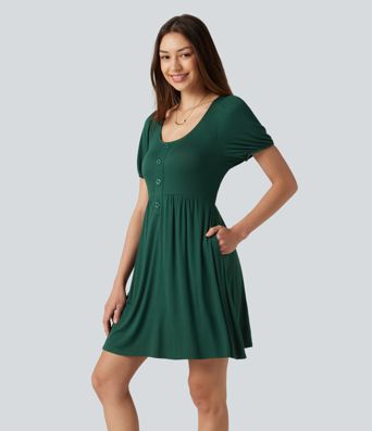 Robe décontractée mini col rond échancré manches courtes dos noué avec poches