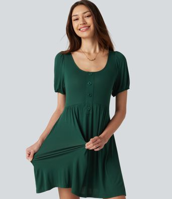 Robe décontractée mini col rond échancré manches courtes dos noué avec poches