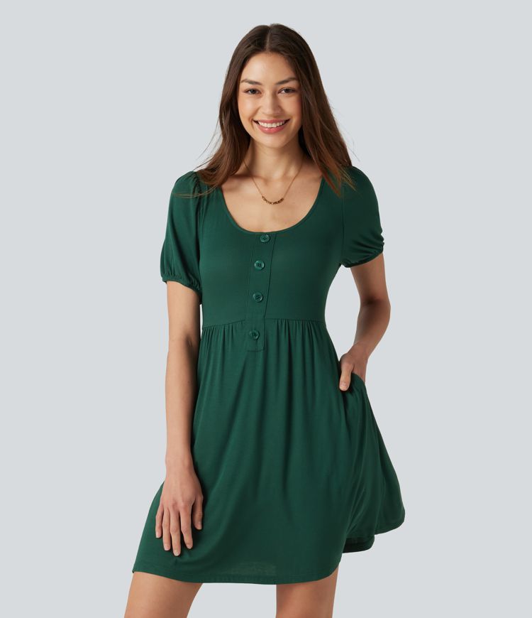 Robe décontractée mini col rond échancré manches courtes dos noué avec poches