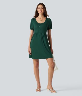 Robe décontractée mini col rond échancré manches courtes dos noué avec poches