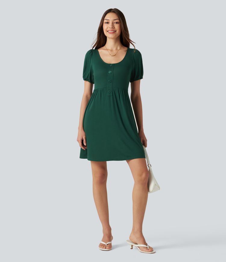 Robe décontractée mini col rond échancré manches courtes dos noué avec poches