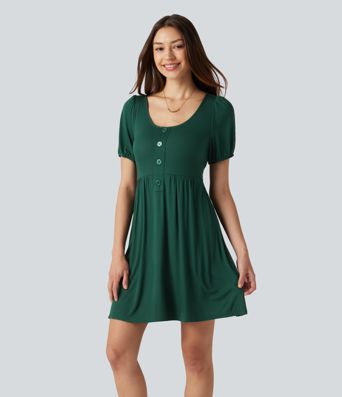 Robe décontractée mini col rond échancré manches courtes dos noué avec poches