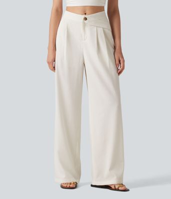 Asymmetric Mid Rise Pleated Casual Linen-Feel Baggy Pants with Pockets