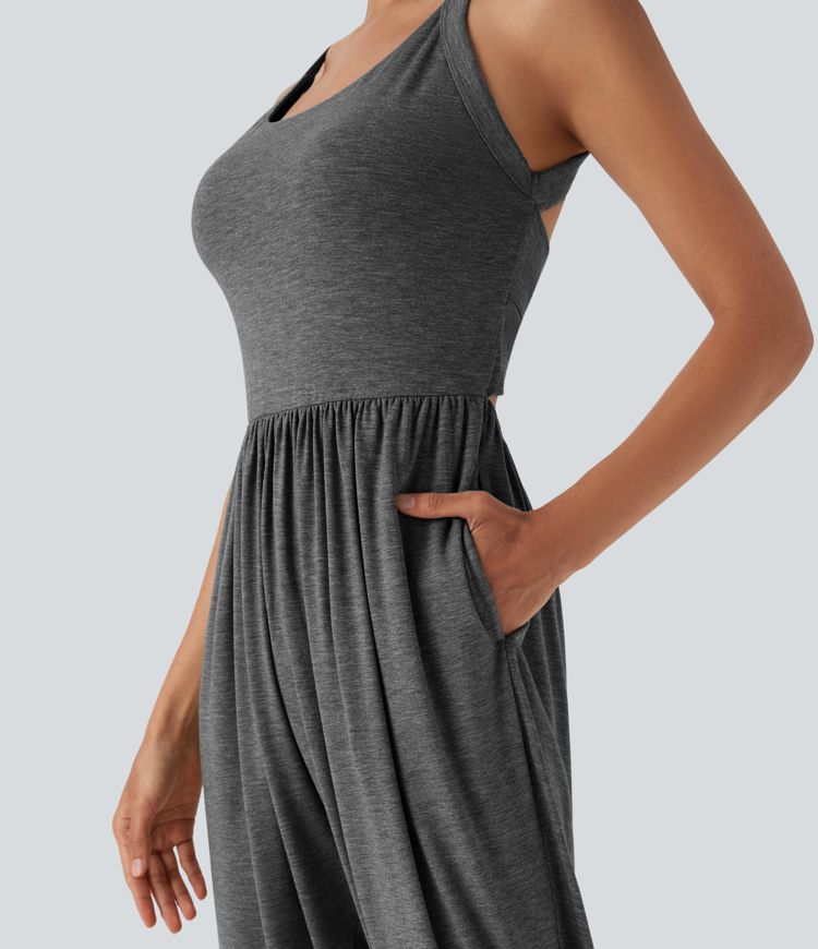U Neck Harem Casual Jumpsuit with Pockets-Easy Peezy Edition E-G Cups