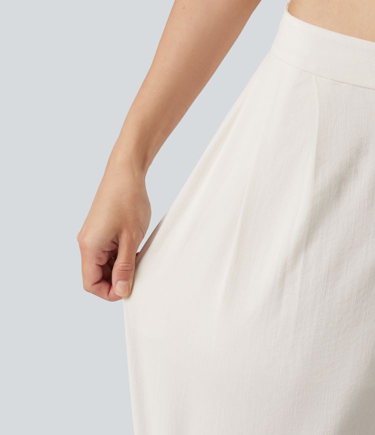 Asymmetric Mid Rise Pleated Casual Linen-Feel Baggy Pants with Pockets