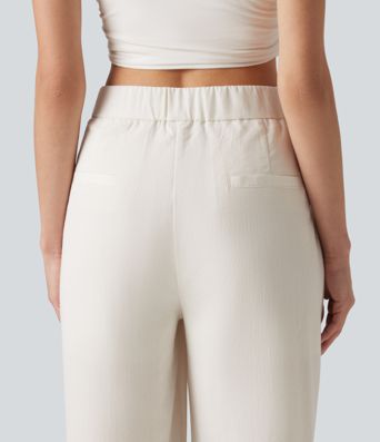 Asymmetric Mid Rise Pleated Casual Linen-Feel Baggy Pants with Pockets
