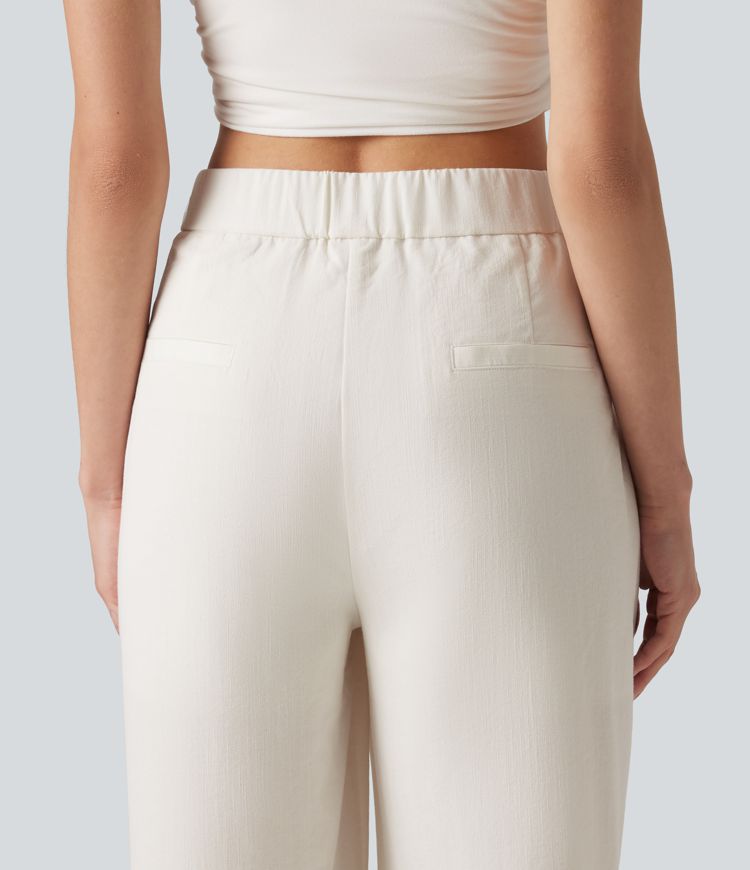 Asymmetric Mid Rise Pleated Casual Linen-Feel Baggy Pants with Pockets