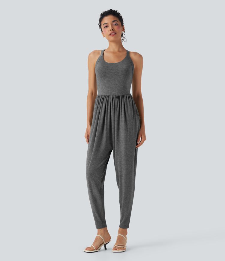 U Neck Harem Casual Jumpsuit with Pockets-Easy Peezy Edition E-G Cups