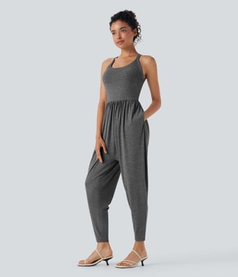 U Neck Harem Casual Jumpsuit with Pockets-Easy Peezy Edition E-G Cups