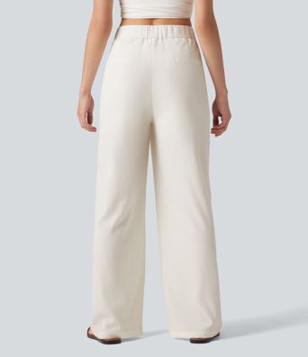 Asymmetric Mid Rise Pleated Casual Linen-Feel Baggy Pants with Pockets