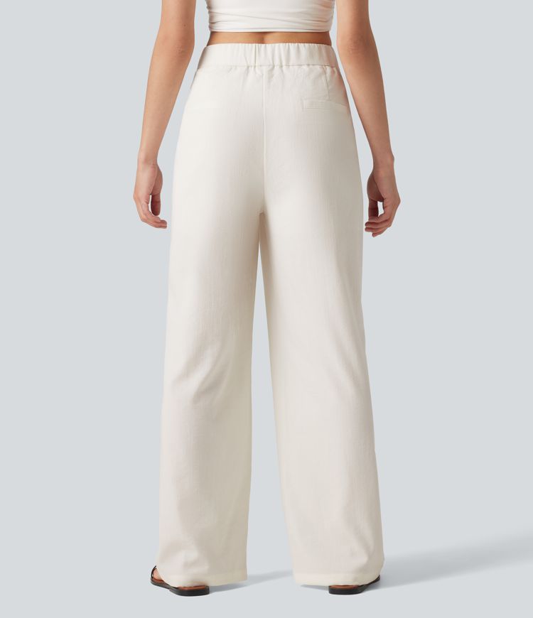Asymmetric Mid Rise Pleated Casual Linen-Feel Baggy Pants with Pockets