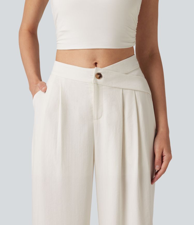 Asymmetric Mid Rise Pleated Casual Linen-Feel Baggy Pants with Pockets