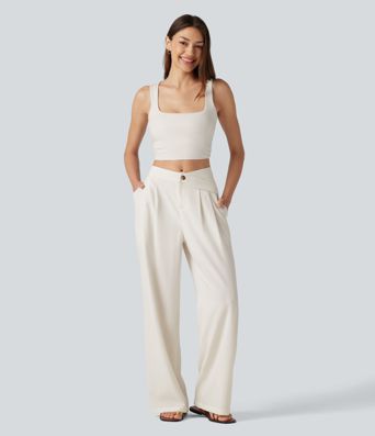 Asymmetric Mid Rise Pleated Casual Linen-Feel Baggy Pants with Pockets
