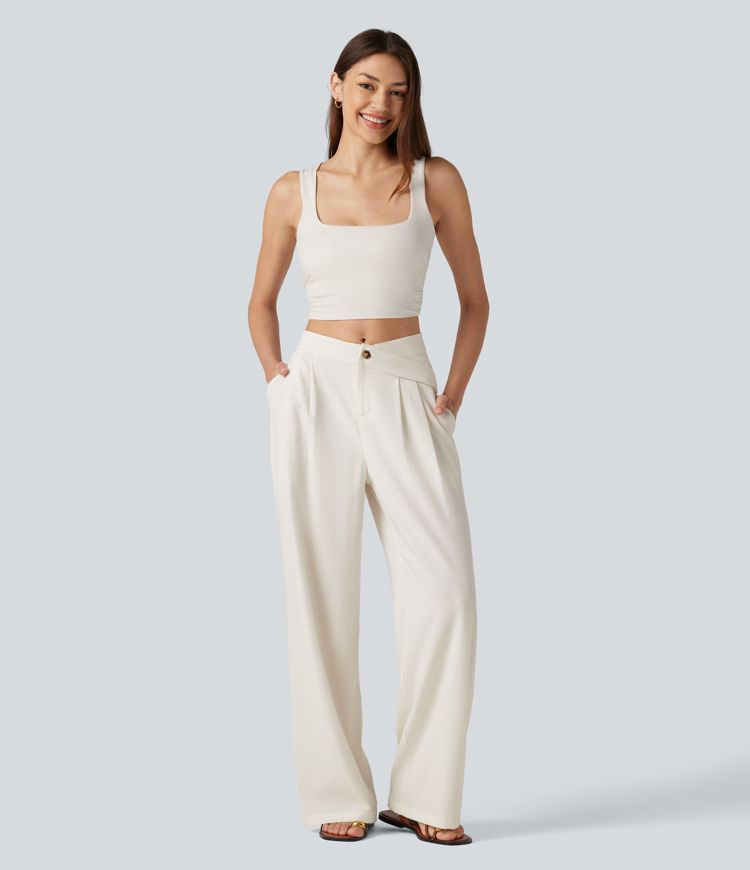 Asymmetric Mid Rise Pleated Casual Linen-Feel Baggy Pants with Pockets