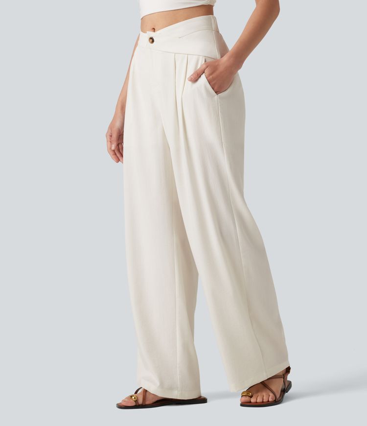 Asymmetric Mid Rise Pleated Casual Linen-Feel Baggy Pants with Pockets