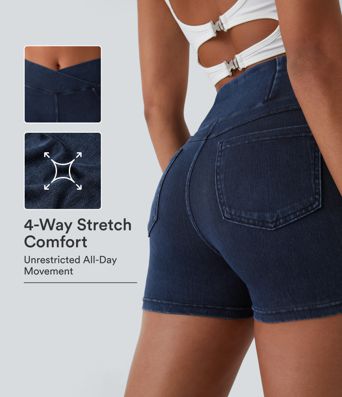 Halara Flex™ Shorts mezclilla elástica bolsillo lateralcintura V tiro alto 3 pulgadas