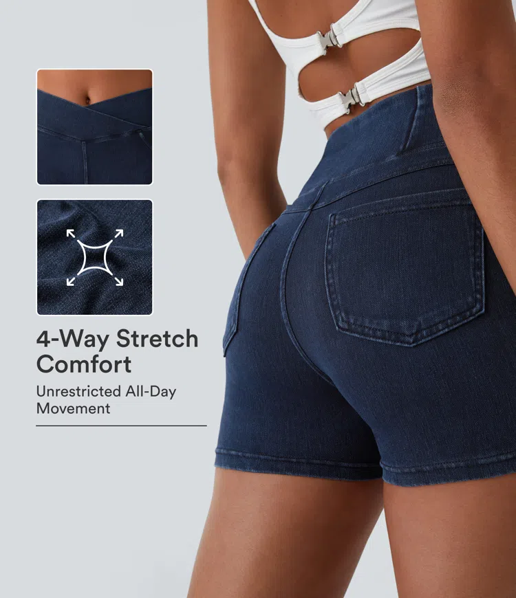 Halara Flex™ High Waisted Crossover Pocket Denim Casual Shorts 3"