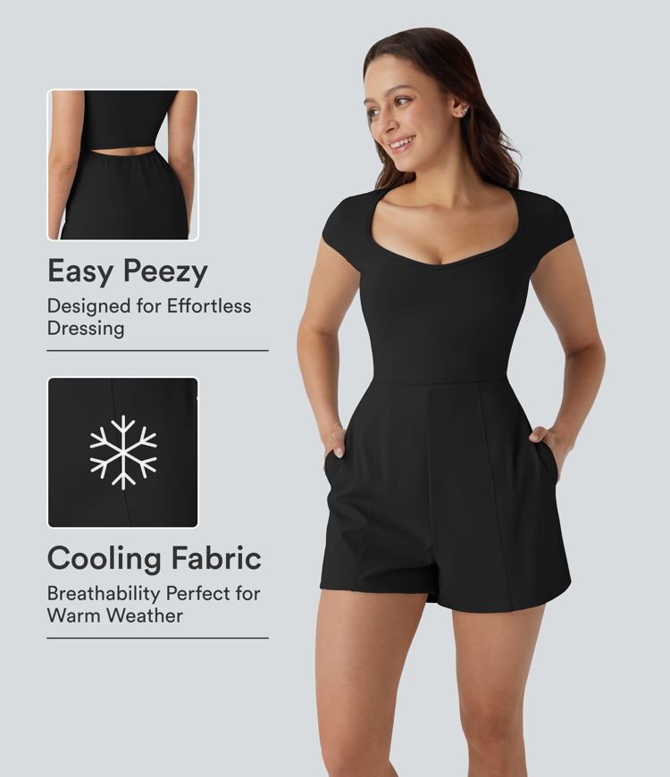 SoftlyZero™ Airy U Neck Cap Sleeve Pocket Cool Touch Yoga Romper-Easy Peezy