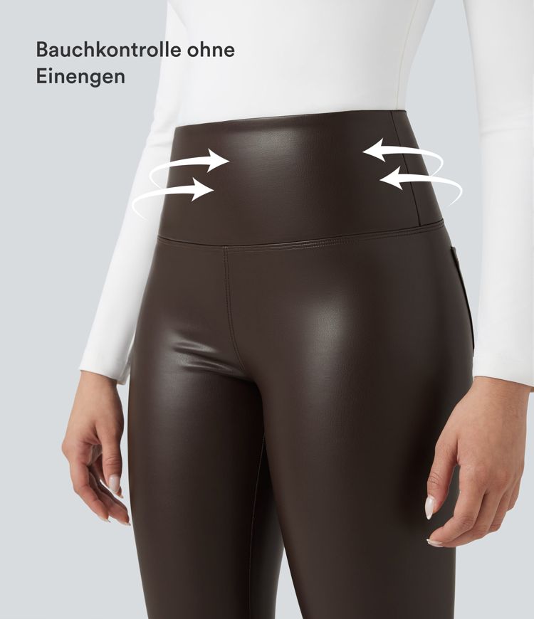 Lässige 2-in-1 Skinny-Leggings aus elastischem Kunstleder mit hohem Bund, Seitentaschen und Bauchkontrolle