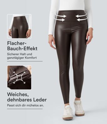Lässige 2-in-1 Skinny-Leggings aus elastischem Kunstleder mit hohem Bund, Seitentaschen und Bauchkontrolle
