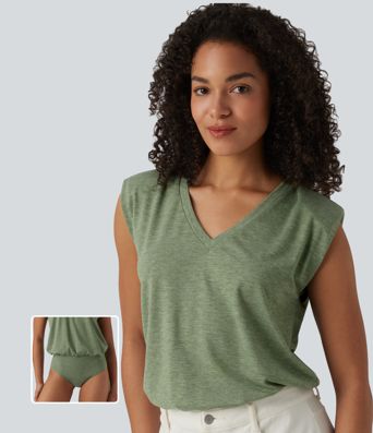 V-neck Cap Sleeve Casual Bodysuit with Shoulder Pads