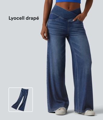 Halara Flex™ Jean large casual taille haute croisée en lyocell drapé lavé avec poches Halara Flex™ Jean large casual taille haute croisée en lyocell drapé lavé avec poches