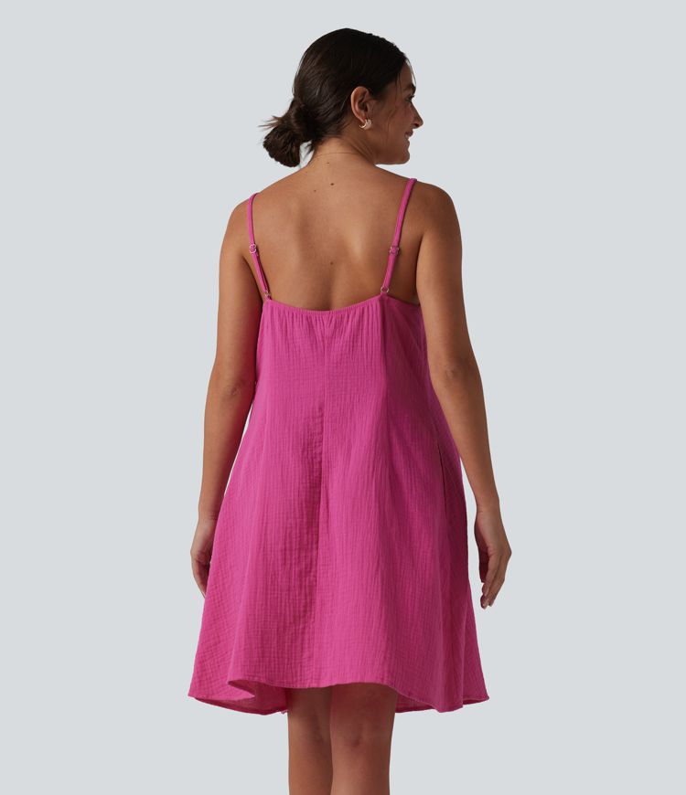 Robe nuisette mini fluide casual en coton bretelles réglables avec poches